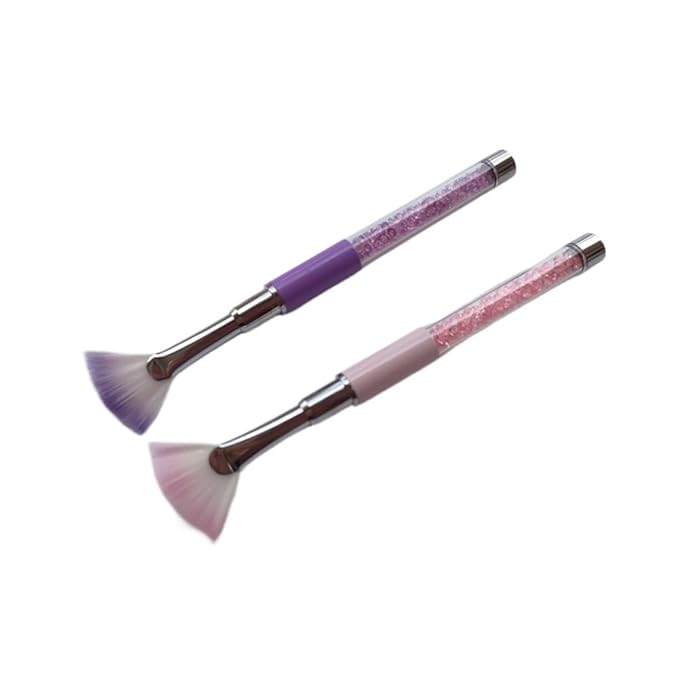 Purple Pink Fan Shape Nail Brush with Rhinestone Handle, Glitter Art Drawing Fan Pen Liner Brush Dust Powder Remover Nail Brush (2 Pack)
