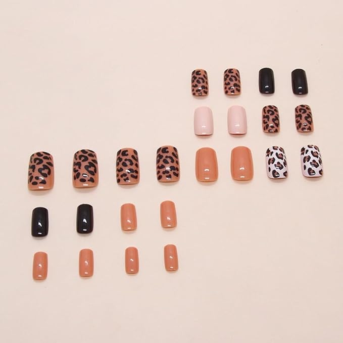 24Pcs Leopard Print Press On Nails Short Square False Nails with Brown Nude Design Cheetah Print Fake Nails Brown Glossy Reusable Stick on Nails Autumn Glue on Nail for Coquette Women Fall Nail Art