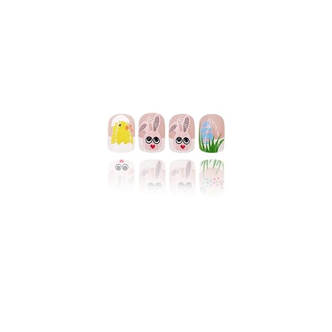 Easter Eggs Hatching Chick Fake Nails Colorful Flower Acrylic Nails Short Square French Tip Easter Press on Nails Cute Bunny False Nails with Design Full Cover Stick on Nails for Women Nail Art