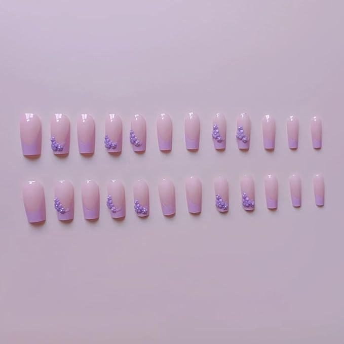 48Pcs Purple French Tips Press on Toenails Long Square Press on Nails with Pearl Flower Charm Design Glossy Pink Fake Toenails Summer False Nails Lilac Floral Nails Kits for Women Girls Manicure