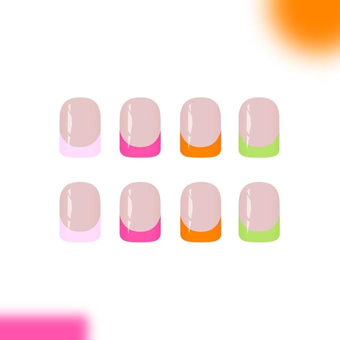 French Tip Press on Nails Short Square Fake Nails Colorful Nail Tips Glossy Cute Acrylic False Nails Reusable Artificial Nail Full Cover Stick on Nails for Women Manicure 24 Pcs