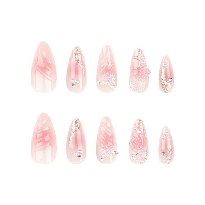 Ombre Pink Press on Nails Medium Almond False Nails with Flower Butterfly Charm Design Pearl Fake Nails Water Ripple Glue on Nails Glossy Reusable Summer Stick on Nails for Women Girls Manicure 24Pcs
