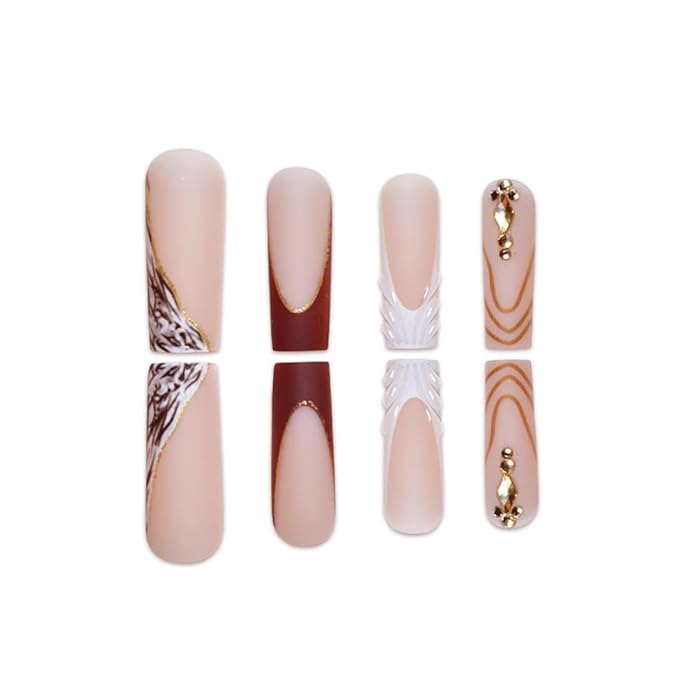 Brown Press on Nails Long Square Fake Nails French Tip False Nails Press ons Fall Stripes Acrylic Nails Matte Full Cover Stick on Nail for Women Manicure Deco 24Pcs