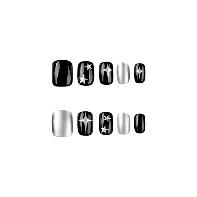 Star Press on Nails Short Square Fake Nails Black Silver False Nails Press ons with Designs Cute Acrylic Nails Full Cover Glue on Nails Artificial Stick on Nails for Women Manicure 24Pcs
