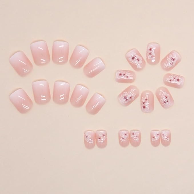 Flower Press on Nails Short Square Fake Nails Ombre Nails Press ons with Design Reusable Artificial Nail Glossy Full Cover Glue on Nail Stick on Nails for Women Manicure 24Pcs