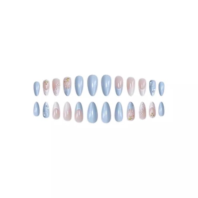 Press on Nails - Medium Almond False Nails - Gold Star Seashell Design White Pearl Fake Nails White French Tips Stick on Nail - Reusable Glossy Glue on Nail for Women Manicure 24Pcs