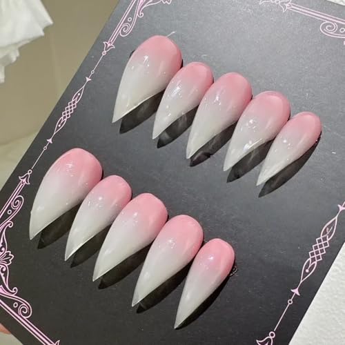 Pink White Stiletto Press on Nails with Glue Glossy Extra Short False Nails Hand-Painted Designs Handmade Eagle Dragon Cat Claw Unique Reusable Fake Nails