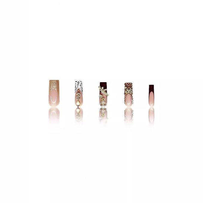 RTKHFZE Xl Press on Nails Long Square Fake Nails French Tip Glue on Nail with Designs Nails Charm and Rhinestones False Acrylic Nails Full Cover Stick on Nail for Women Nail Decorations