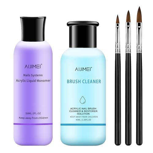 AIJIMEI Acrylic Monomer Liquid Kit 2 fl.oz AcrylicLiquid Nail System Manicure Tools AcrylicMonomer with 1.4 fl.oz Nail Brush Cleaner and AcrylicNail Brush (Acrylic Brush Set)