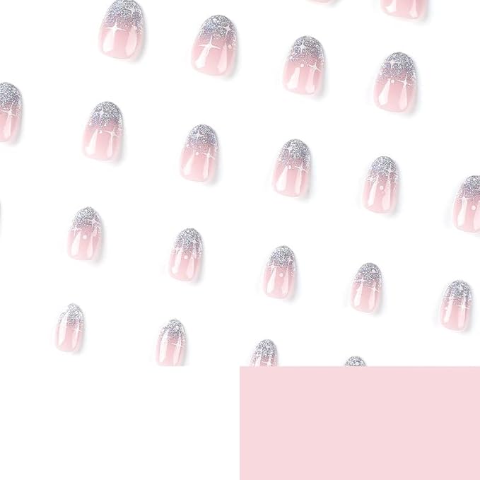 Silver Glitter French Press on Nails Short Almond fake Nails White Starburst false Nails Full Cover Color Gradient Glitter Glossy Acrylic Nails for Women and Girls DIY Manicure Decoration 24Pcs