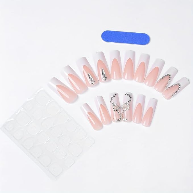 Square Press on Nails Long White Fake Nail3D Flowers Charm Acrylic with Rhinestones Design Stick on Nails for Women 24pcs