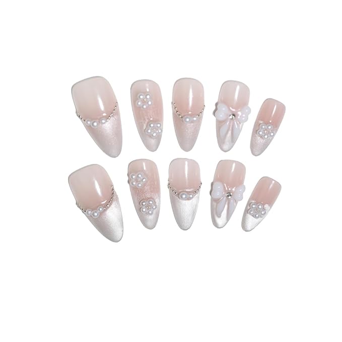 10PCS Luxury Handmade Press On Nails Nude Gradient Cat's Eye with Pearl Bow & Sparkling Rhinestones for Wedding & Party Reusable Almond Fake Nails Design Gift For Women and Girls (A021, S)