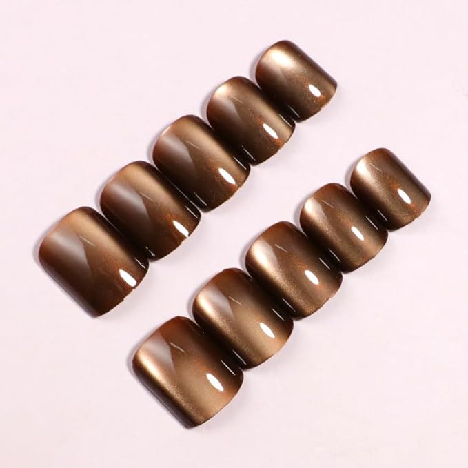 Brown Press on Nails Short Square Fake Nails Glossy Cat Eye False Nails with Shiny Solid Color Acrylic Nails Chrome Glue on Nail for Women Manicure Decoration 24Pcs