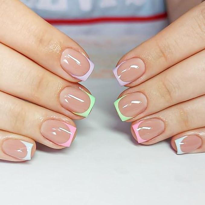 10 Packs 240Pcs French Tip Press on Nails Short Square Fake Nails Colorful Nail Tips Acrylic Nails Glossy Cute Artificial False Nails Chrome Glue on Nails for Women Girls Manicure Nails Decoration
