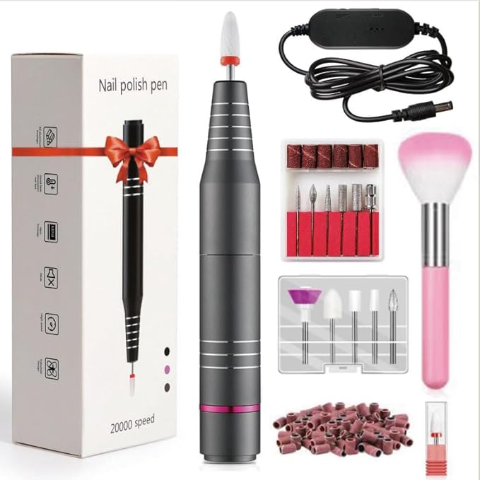 Electric Nail Drill, Ultra-Quiet Low Vibration Electric Nail File, Portable Electric Nail File for Crystal Gel Nails, Manicure and Pedicure Tools Polishing Set for Home and Salon Use(Gray Set)