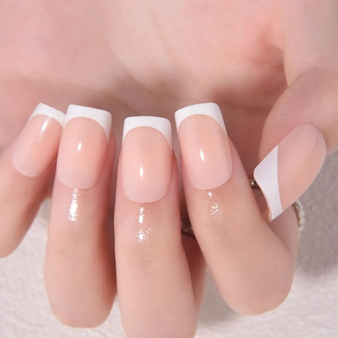 Nude+White French Tips Press on Nails, Short Square Acrylic Fake Nails Design, Natural Reusable Glue-On Nails Kit for Women DIY False Nail Art Decoration Gift, Salon Quality Reusable 32 Pcs