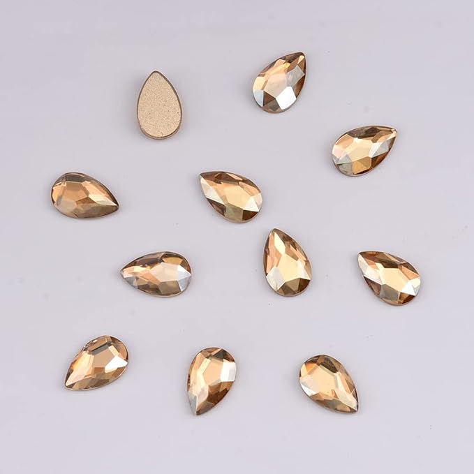 100pcs Flatback Glass 3D Champagne Nail Gem Glue Fix Pear Shape Large and Small Crystal Rhinestone Bulk Charms for Nail Art Designs Jewelry Making DIY Crafts
