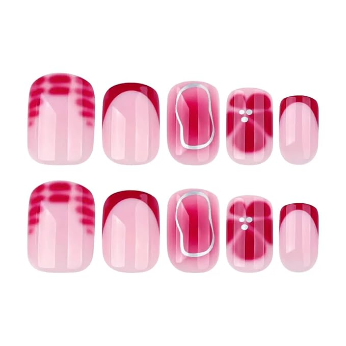 Press on Nails Short - Square Fake Nails with Red Flower Design - French Tip Full Cover Stick on Nails for Women -24 Pcs