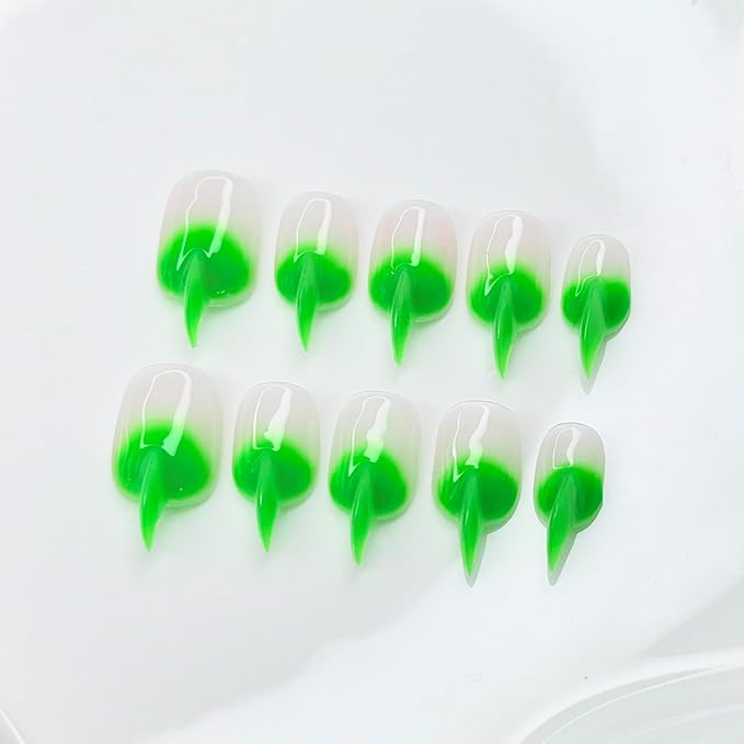 10 Pcs Cat Claw Press on Nails Medium Curved Stiletto False Nails Luxury 3D Green French Tip Cat Claw Handmade Fake Nails Unique Thick Gradient Designs Glossy Acrylic Glue on Nail (S)