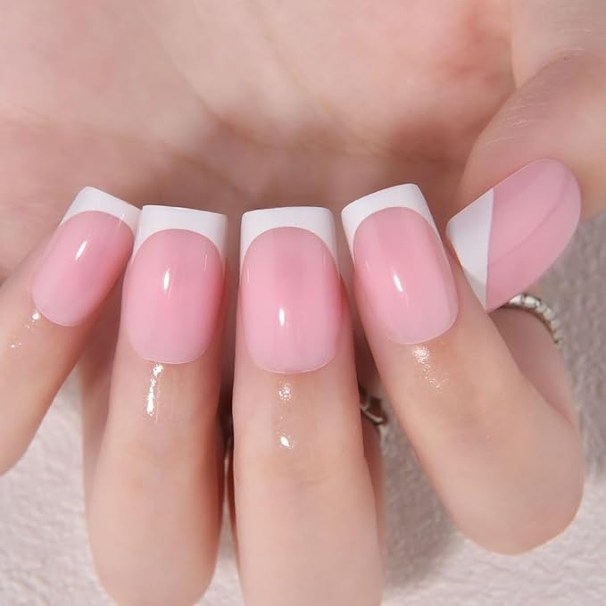 Pink White French Tips Press on Nails, Short Square Acrylic Fake Nails Design, Natural Reusable Glue-On Nails Kit for Women DIY False Nail Art Decoration Gift, Salon Quality Reusable 32 Psc