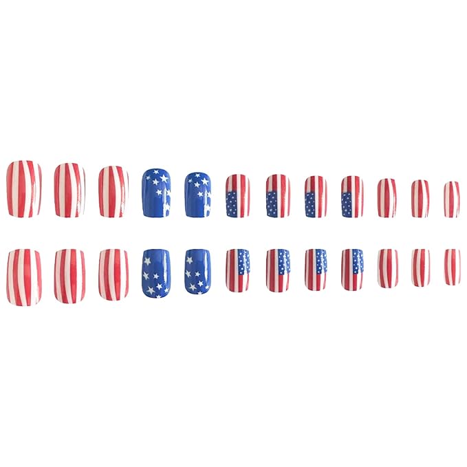 4th of July Press on Nails Medium Square Fake Nails Full Cover America Flag False Nails with Star Designs Glossy Glue on Nails Independence Day Acrylic Nails Artificial Nails for Women Girls 24Pcs