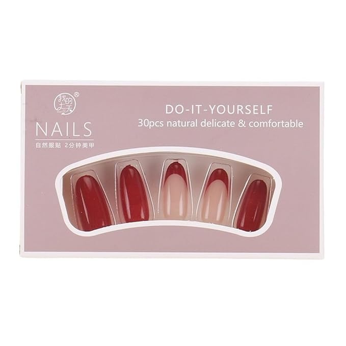 Red Press on Nails Almond - Medium French Tip Fake Nails - Glossy Full Cover Stick on False Nails - for Women Winter Manicure 30 Pcs