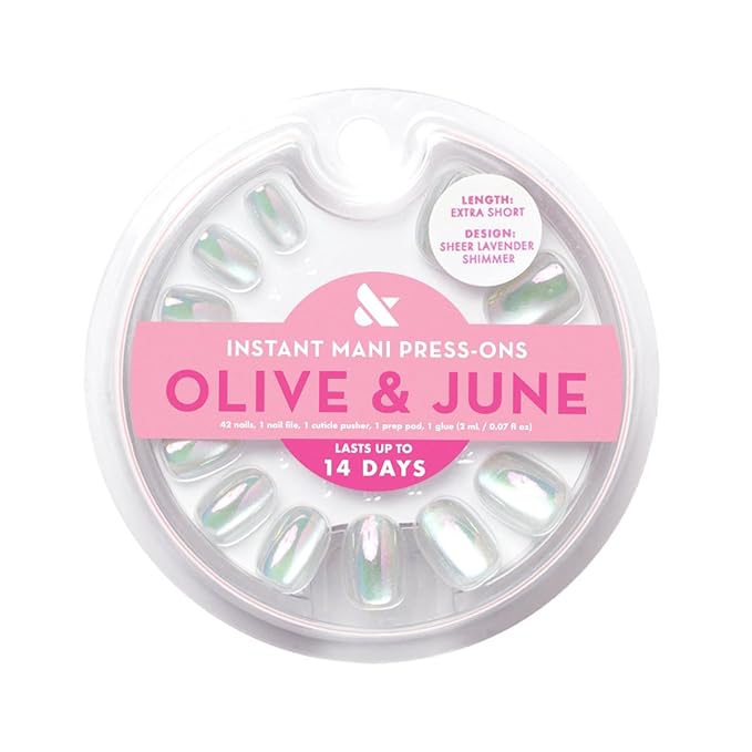 Olive & June Instant Mani Press-On Nails (Glue) | 42 Fake Nails, 21 Sizes | Non-Toxic, Long-Lasting Recycled Materials | Spring Flowers & Patterns | Extra Short, Round | Sheer Lavender Shimmer