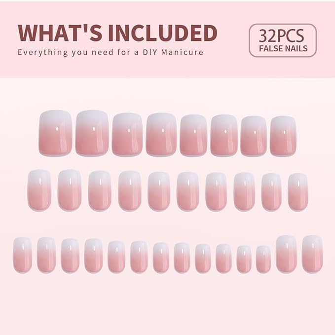Curvlife Press on Nails Acrylic Fake Nails with Ivory Gradient White Design Full Cover False Nails for Women Reusable Nail Kit with Nail Glue Adhesive Tabs
