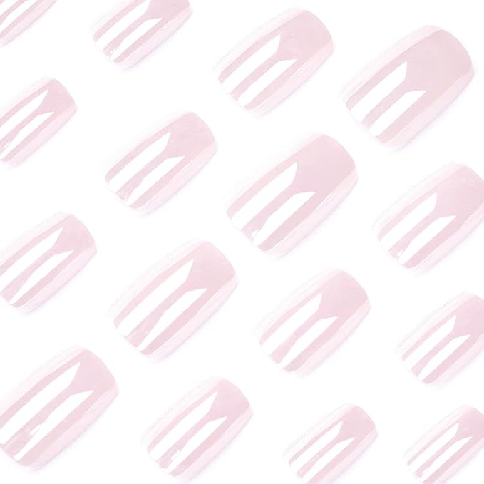 24Pcs Pink Press on Nails Short Square Fake Nails Aurora Pink Chrome Glue on Nails Solid Color Artificial Acrylic Nails Glossy Full Cover False Nails Reusable Stick on Nails for Women Daily Manicure