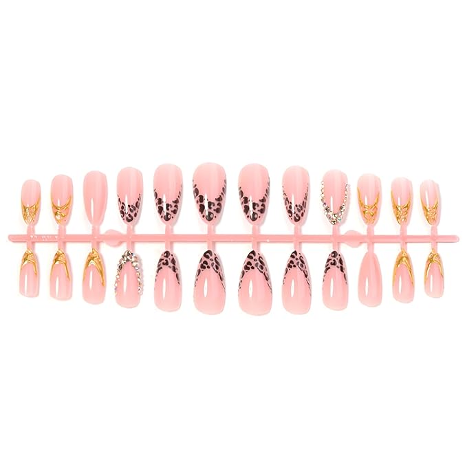 French Tip Press on Nails Medium Almond Fake Nails Leopard Print Nails Press Ons Gold French Tip False Nails Glossy Stick on Nail Rhinestones Glue on Nail for Women Decorations Set 24Pcs