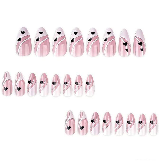 Valentine Press on Nails - Love Heart Fake Nails - Almond False Nails Press ons - French Tip Acrylic Glue on Nails - Artificial Stick on Nail for Women Manicure 24 Pcs