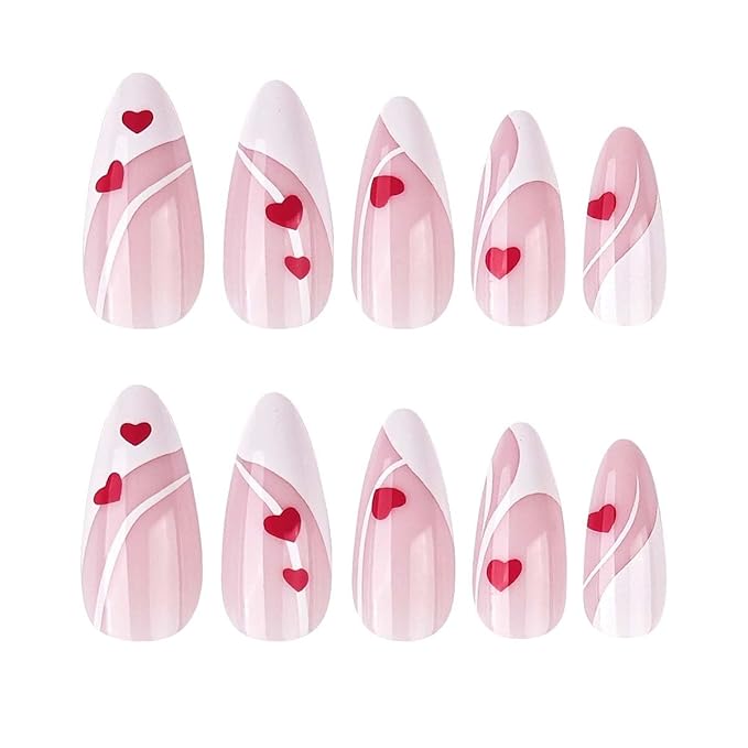Valentines Day Press on Nails - Red Love Heart Fake Nails - Almond False Nails Press ons - French Tip Acrylic Glue on Nail - Artificial Stick on Nail for Women Manicure 24 Pcs