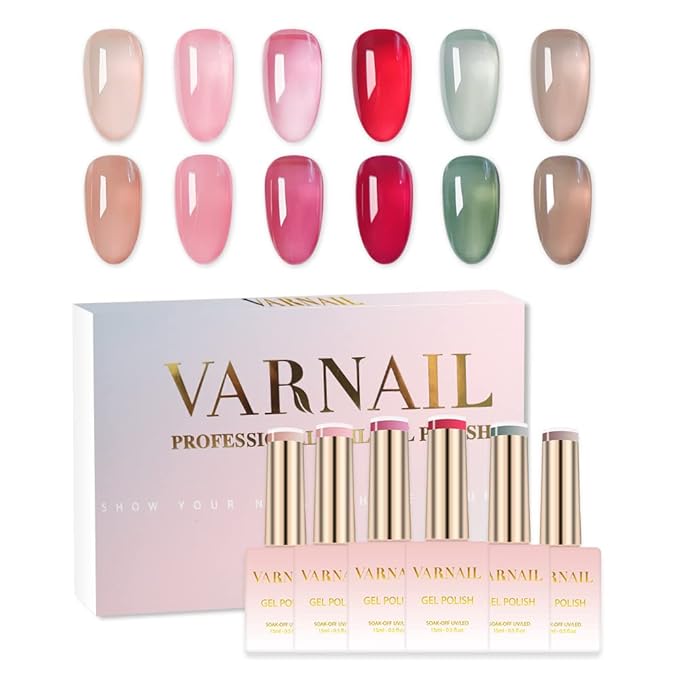 VARNAILDried Rose Jelly Gel Nail Polish Kit 6 Colors 15 ml, Translucent Rose Sheer Gel Polish, Salon Quality Soak off UV Light Gel Nail Polish Set