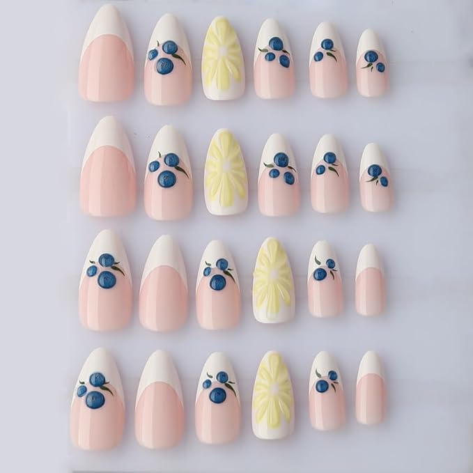 3D Blueberry Flowers Press On Nails Almond Medium, 3D Pattern Designer Reusable Acrylic Nails Press Ons, Fake Nails With Glue On, Daily Wear Floral False Nails For Women