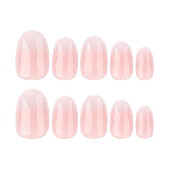 Oval Press On Nails Short – 24PCS French Ombre Pink White Fake Nails, Glossy Acrylic Stick On Nails with Nail Glue Kit, Natural Looking Reusable False Nails for Women & Girls