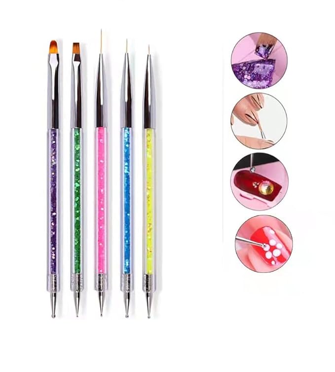 HIGHROCK Nail Art Liner Brushes Pens Dual-Ended Nail Art Point Drill Drawing Brush Pen Manicure Tool Nail Art Design Dotting Pen Tools (5PC)