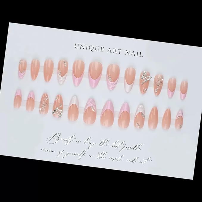 Press on Nails Almond - French Tip Fake Nails with Silver Butterfly Design - Spring, Medium False Nails Press ons - for Women 24Pcs