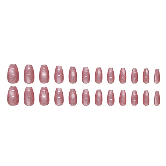 Hkanlre Coffin Press on Nails Pink Fake Nails Tips Full Cover Almond False Medium Cat Eyes Nails for Women 24PCS