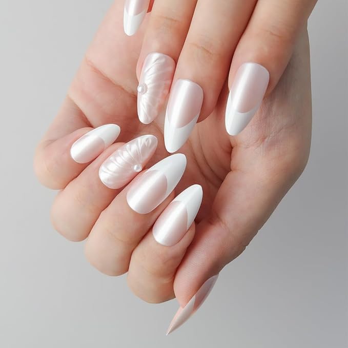 evpct French Tips Press on Nails Medium Almond, Nude Pink + White Tips, Chrome Glazed Aurora Fake Nails Kit with 3D Shell & Rhinestones Design, Stick on Nails with Nail Kit, Reusable Stick on Nail Kit