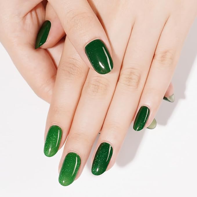 Semi Cured Gel Nail Strips 20 Pcs Green Glitter Gel Nail Wraps,Stickers, UV Light Required Nail Art Design Decoration Accessories