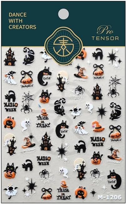 Halloween Nail Stickers 3D Self Adhesive Cute Pumpkin Nail Art Stickers 5D Embossed Black Bat Cat Nail Decals Spider Web Nail Art Supplies Haunted House Nail Design for Women Girls 1 Sheets