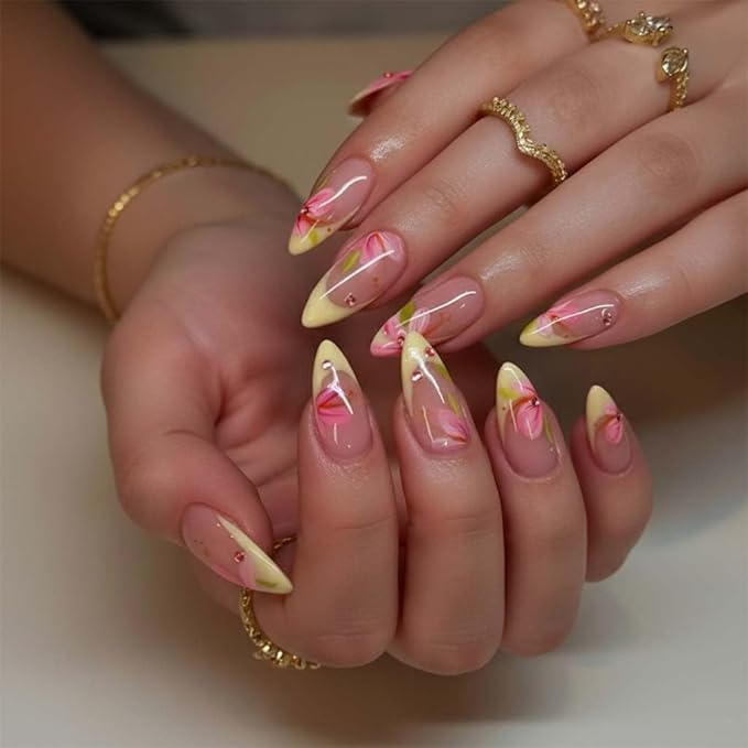 Press on Nails Almond Painted Flowers French Fake Nails French Fake Nails Reusable Nail Kit with Glue Adhesive Tabs Mini File for Women Manicure Nail Art Decoration 24PCS