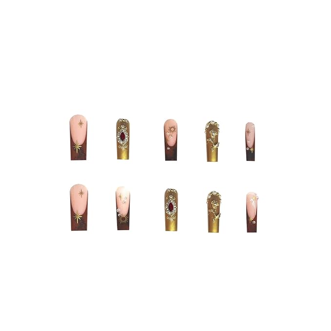 Square Press on Nails Long Gold Fake Nail3D Embossed Acrylic Nail Press ons Red Rhinestones Stick on Nails for Women 24pcs