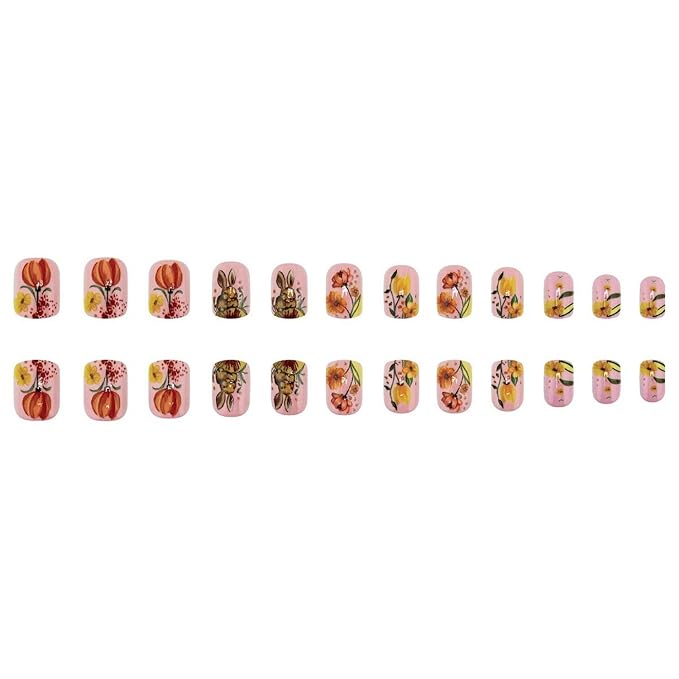 24 Pcs Easter Press on Nails Glossy Pink Square Medium Length Fake Nails Cute Easter Bunny Fake Nails Designs with Colorful Flower Full Cover False Nails Art Decoration for Women DIY Manicure