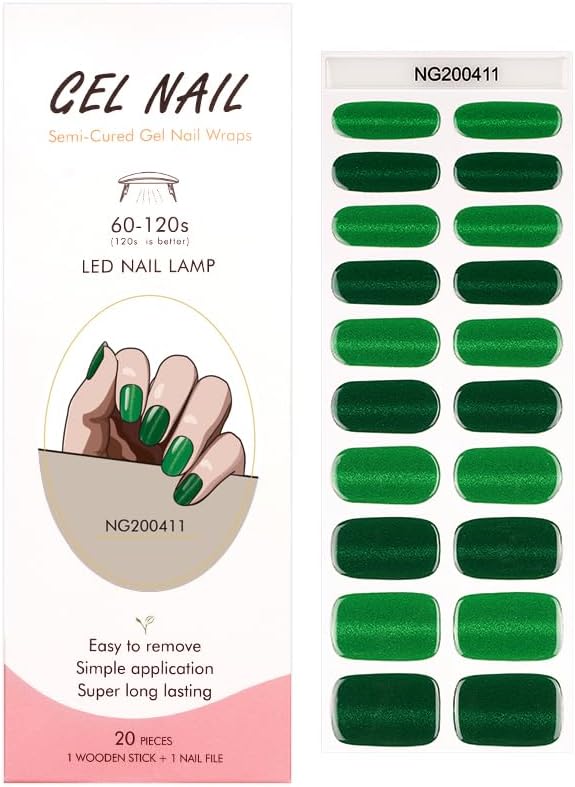 Semi Cured Gel Nail Strips 20 Pcs Green Glitter Gel Nail Wraps,Stickers, UV Light Required Nail Art Design Decoration Accessories