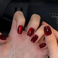 Red Fake Nails Short Cat Eye Press on Nails Wine Red False Nails Press ons Glossy Acrylic Artificial Nails Solid Color Glue on Nail for Women Girls Nail Decoration 24Pcs