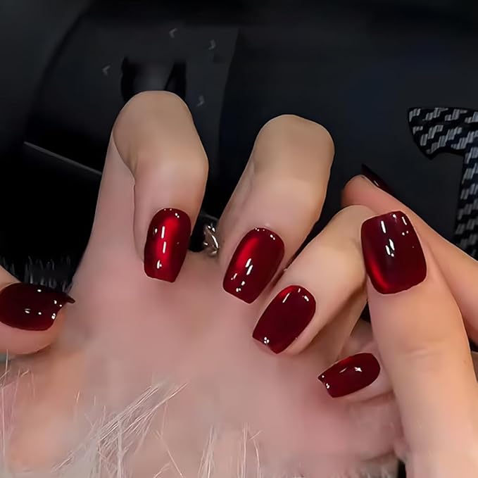 Red Fake Nails Short Cat Eye Press on Nails Wine Red False Nails Press ons Glossy Acrylic Artificial Nails Solid Color Glue on Nail for Women Girls Nail Decoration 24Pcs