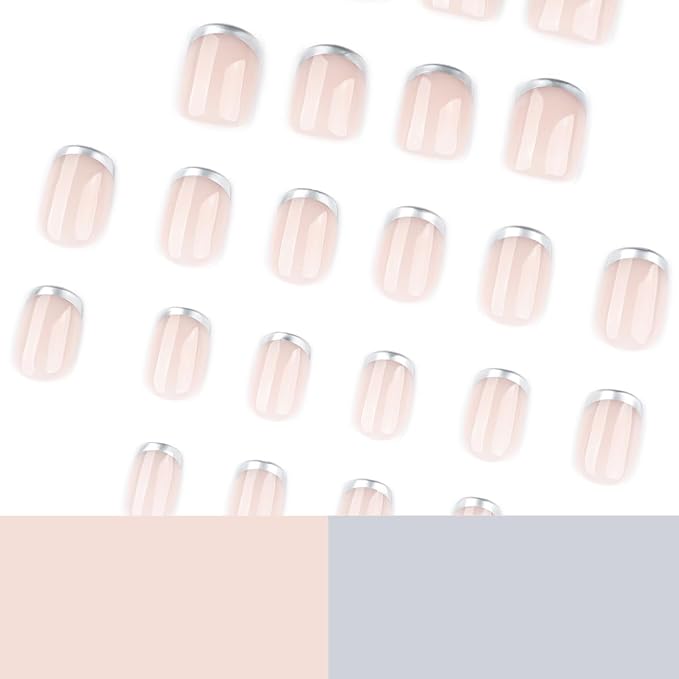 Silver French Tip Press on Nails Short Square Fake Nails French Nails Press ons with Silver Design,Reusable Artificial Nail Glossy Full Cover Glue on Nail Stick on Nails for Women Manicure 24 Pcs