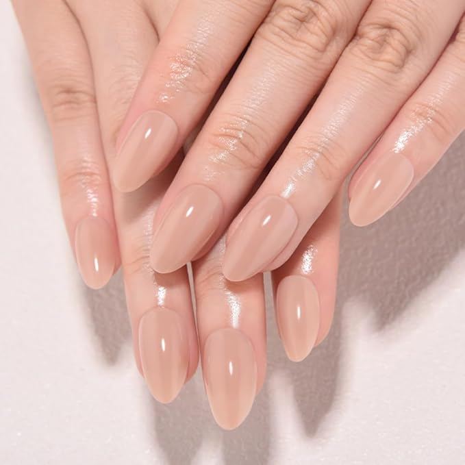 Nude Brown Jelly Press On Nails Short Almond, Glossy Design Acrylic Fake Nails with Full Cover Stick on Nails,Reusable Glue-On Stickers for Fashion False Nails for Women Gift