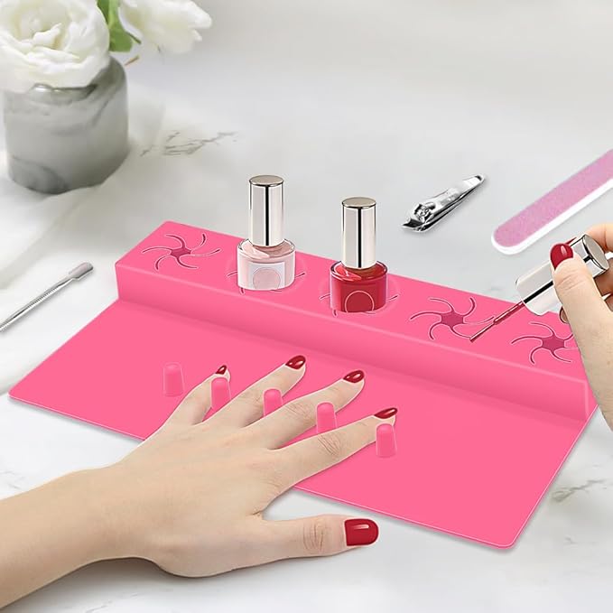 Nail Polish Holder,Silicone Hand Rest Mat Fingernail Painting Tools 2 in 1 Art Accessories Organizer Case Set with Anti-Spill Bottle Stand and Finger Separators for Pedicure Manicure-Rose Red